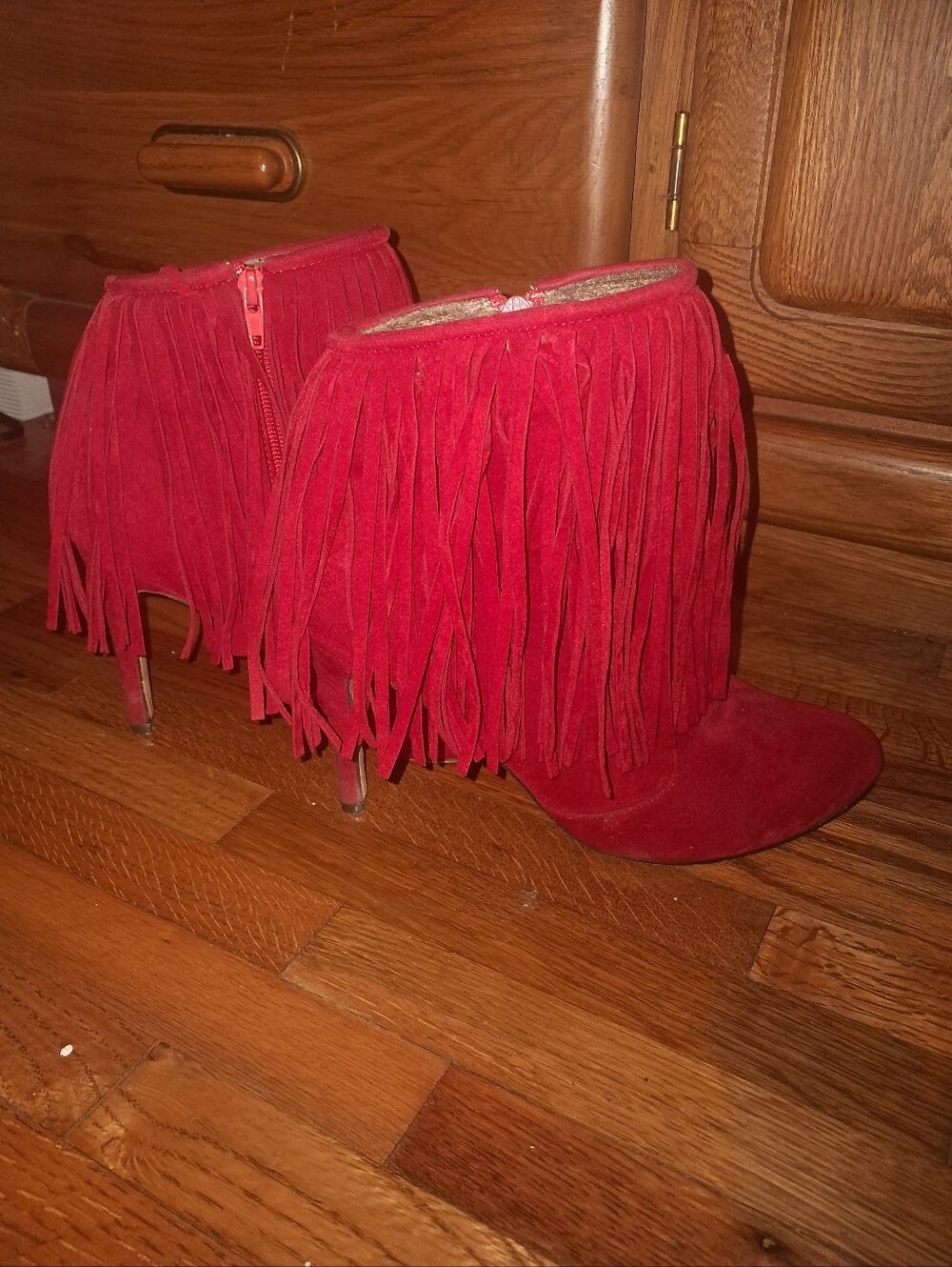 Chase + Chloe Red Suede Fringe Ankle Boots